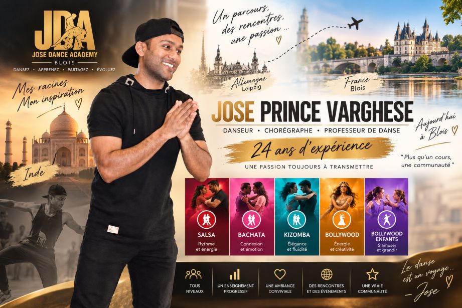 cours de salsa bachata kizomba à Blois avec José Dance Academy tous niveaux, enseignement progressif, initiation gratuite et soirées SBK